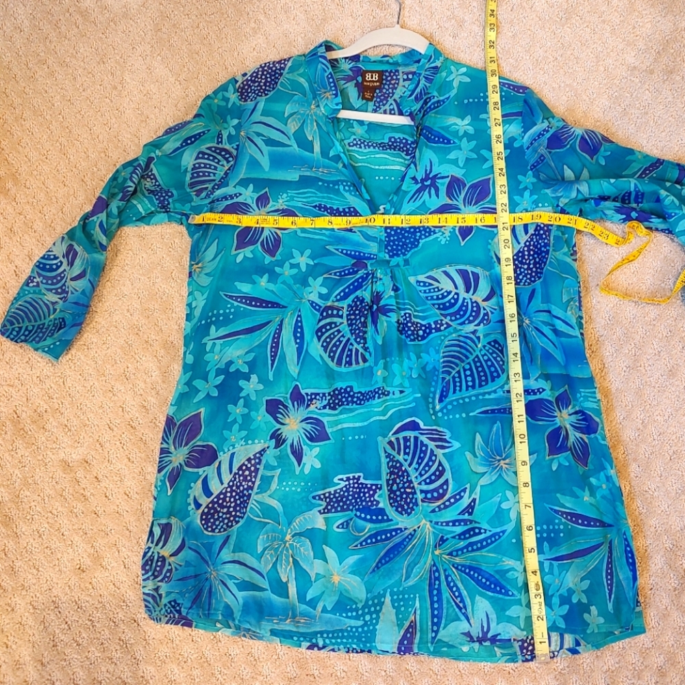 Boo Gems Tunic Top Green Purple Gold Floral Cotton Silk V-Neck Size L - Picture 9 of 12